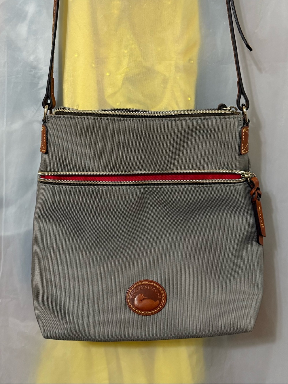 Dooney & Bourke Gray Nylon Crossbody Bag with Brown Trim